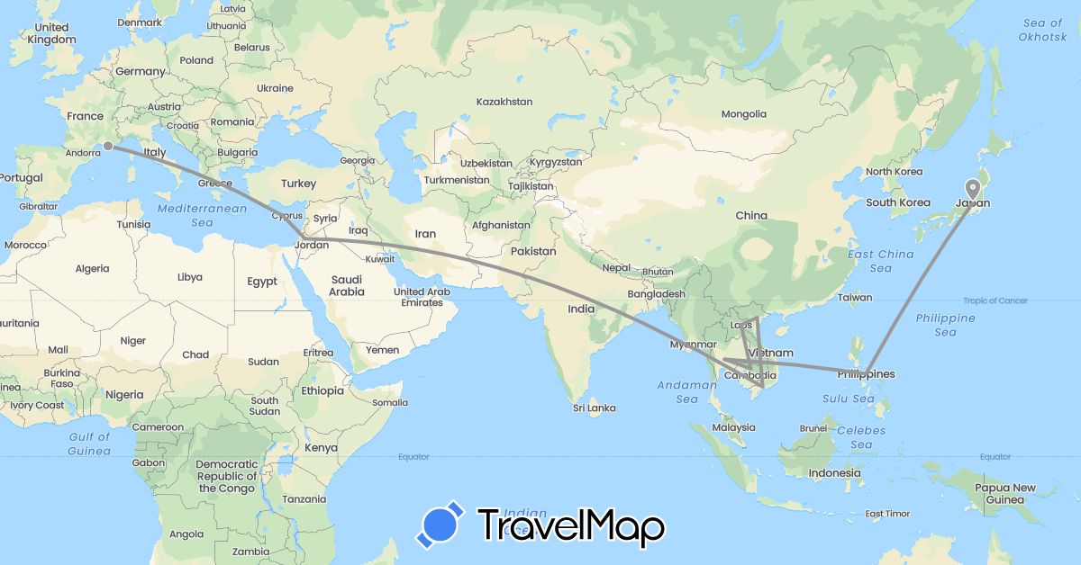TravelMap itinerary: driving, plane in Cyprus, France, Jordan, Japan, Cambodia, Laos, Philippines, Thailand, Vietnam (Asia, Europe)