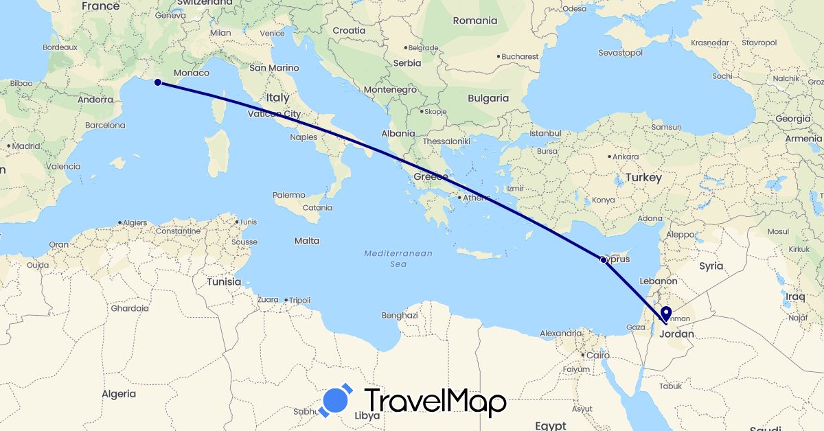 TravelMap itinerary: driving in Cyprus, France, Jordan (Asia, Europe)
